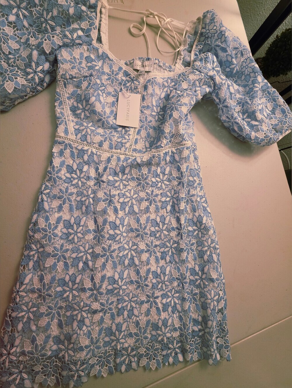 Lucy Paris Light Blue Lace Puff-Sleeve Mini Dress - Picture 3 of 12